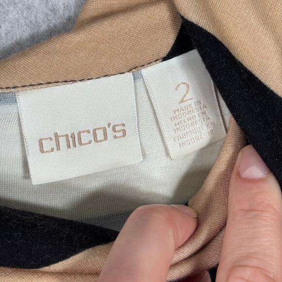 Chicos Top Large Black Tan Gold Zipper Stretch Soft Neutral Maximalist Career - Picture 6 of 11